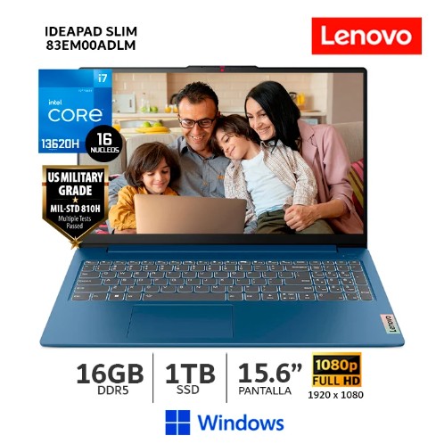 LAPTOP LENOVO IDEAPAD SLIM 3, 15.6" FHD TN, CORE I7-13620H, 16GB LPDDR5, S.O. FREE | 83EM00ADLM