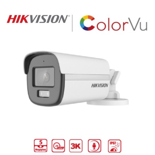 CAMARA TUBO HIKVISION COLORVU 5MP LED 40M 2.8MM IP67 C/ AUDIO |  DS-2CE10KF0T-FS